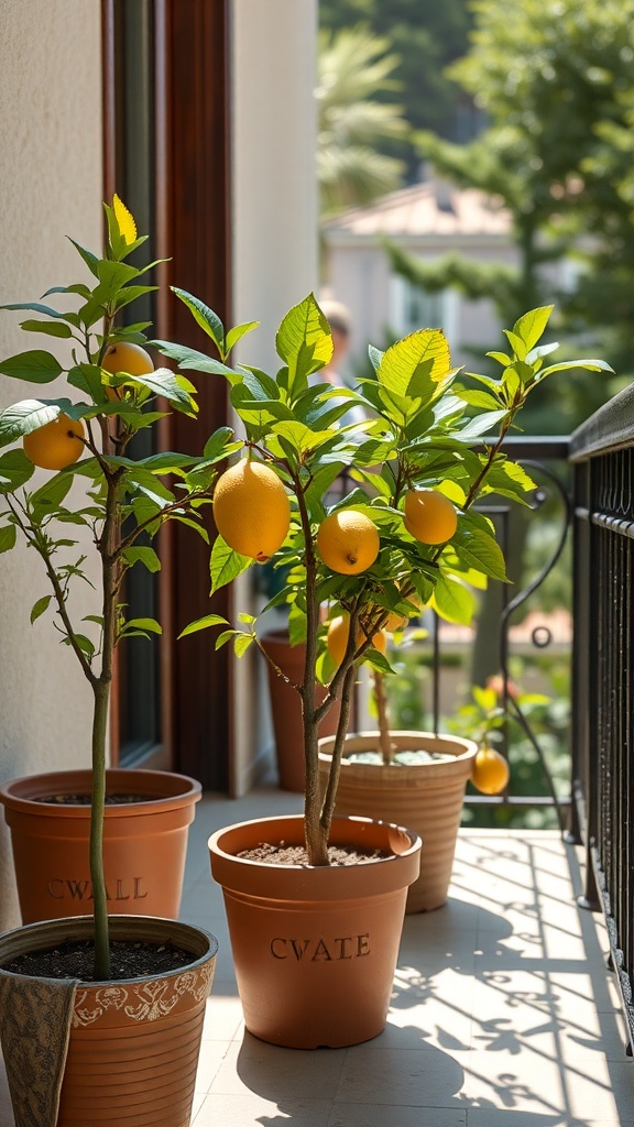 Miniature lemon trees in terracotta pots on a balcony