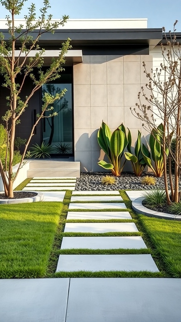 A modern minimalist front yard featuring a stone pathway, green grass, and decorative plants.