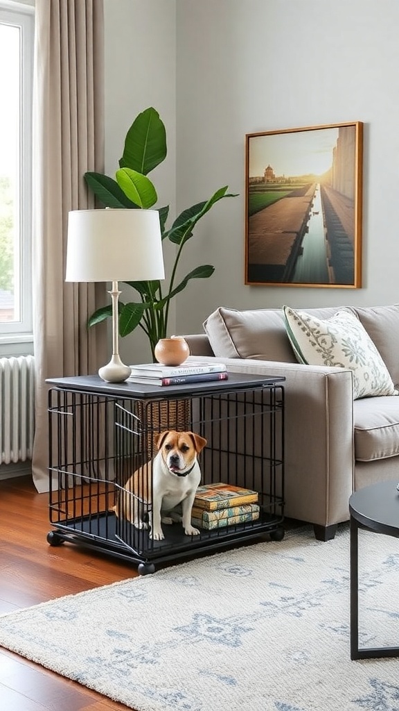 A stylish dog crate that doubles as a side table, featuring a dog inside and another dog relaxing on the couch.