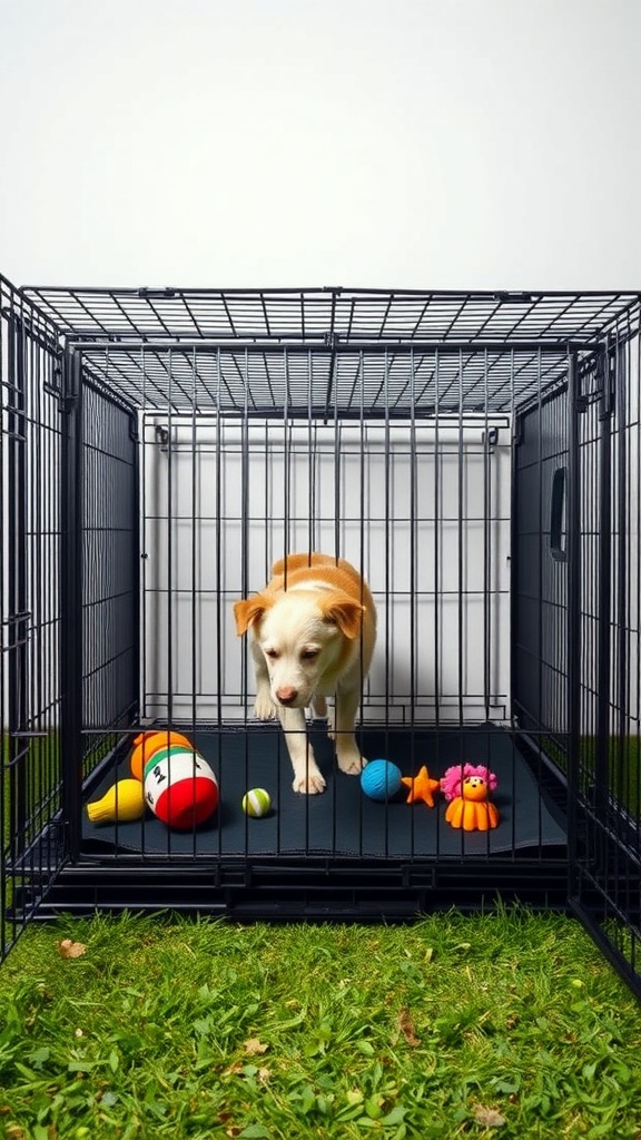 A dog crate with a playful dog and colorful toys inside