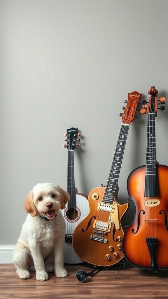 A happy dog sitting beside various musical instruments, including guitars and a violin.