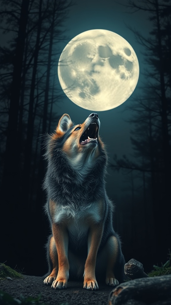 A dog howling at the moon in a dark forest, embodying a werewolf theme.