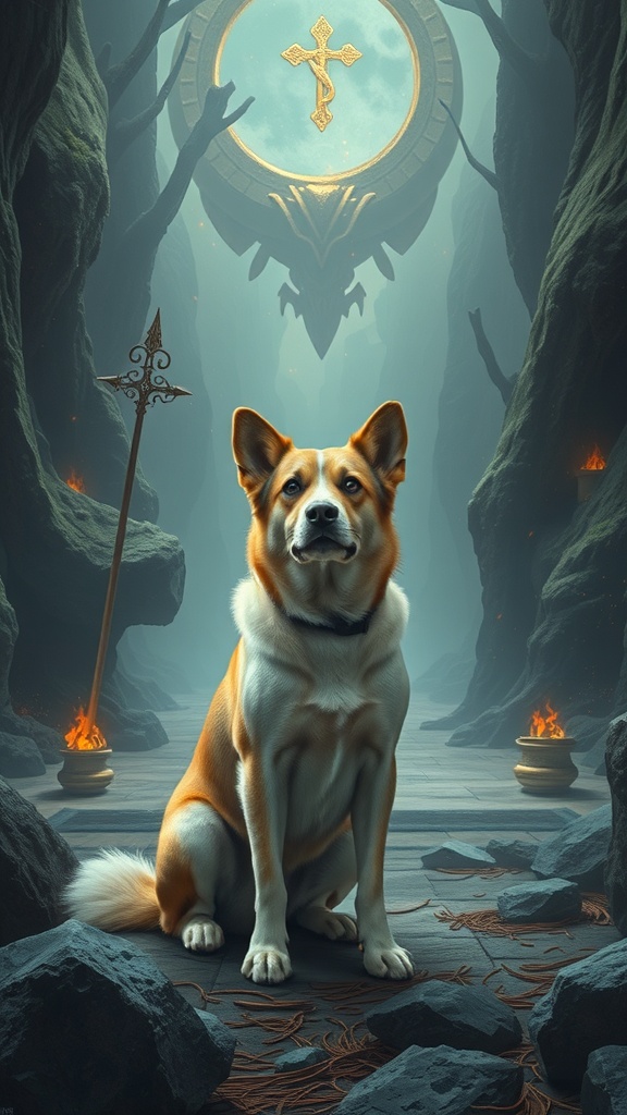 A dog sitting in a mystical forest with ancient symbols and a serene atmosphere.