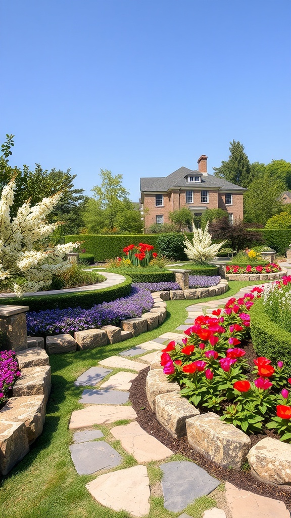 A beautifully landscaped garden with natural stone borders and colorful flowers.