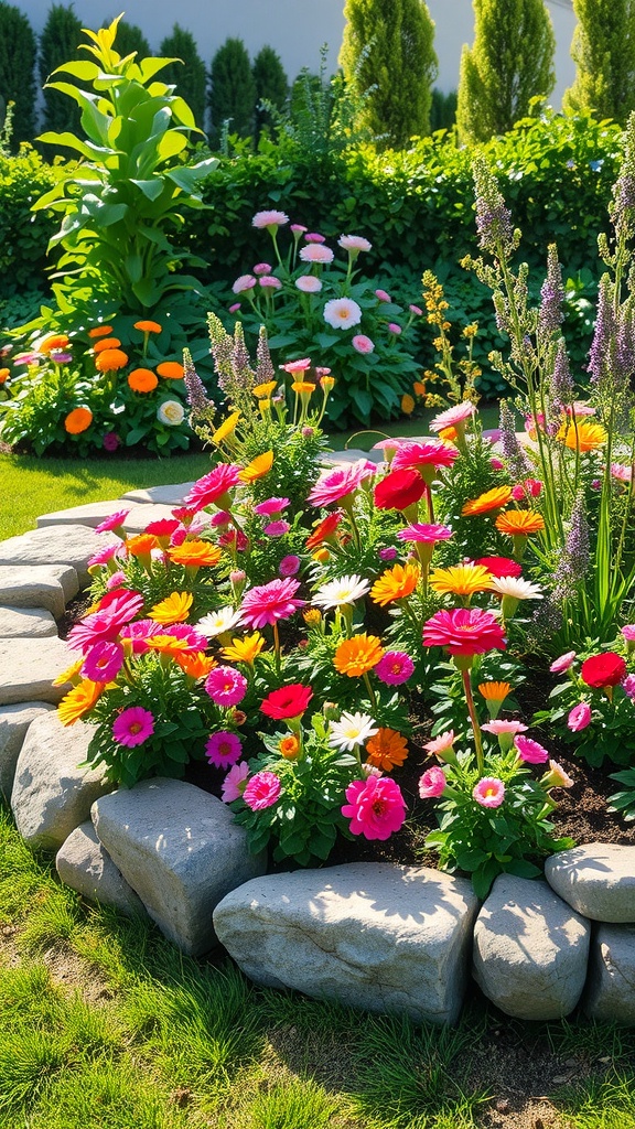 A flower bed bordered with natural stones, featuring colorful flowers like pink, yellow, and orange.