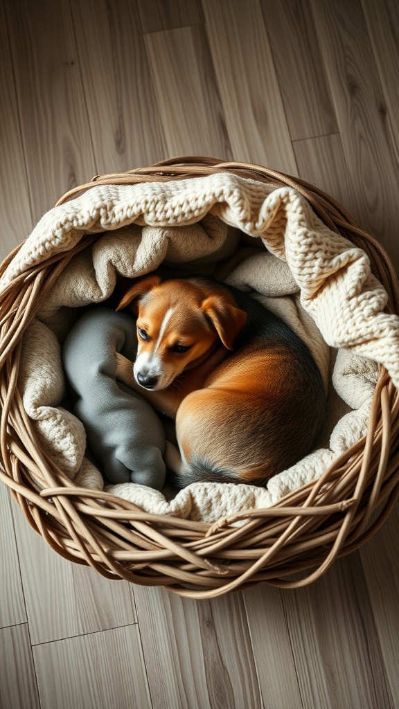 A small dog curled up in a cozy nest dog bed made of woven material with soft blankets.