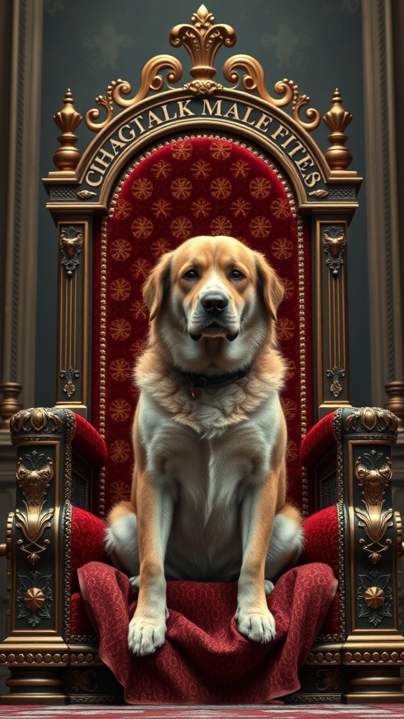 A golden retriever sitting on a royal throne, embodying majesty and nobility.