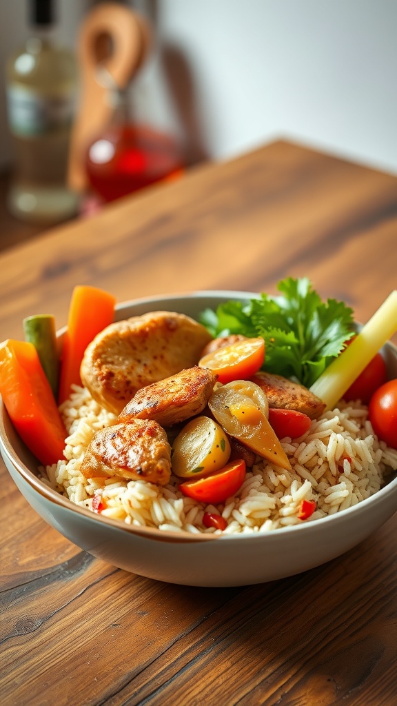 A nutritious chicken and rice dish for dogs, featuring chicken pieces, rice, and colorful vegetables in a bowl.