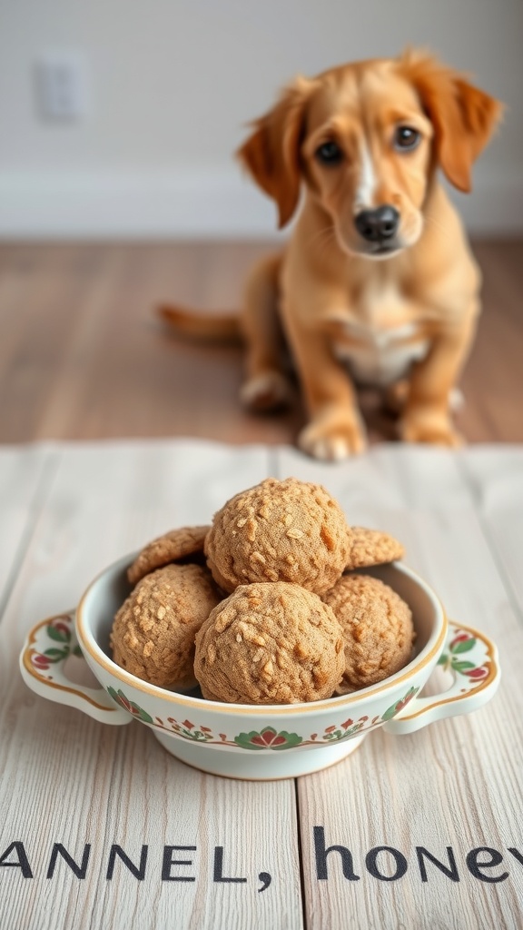A bowl of oatmeal and honey cookies with a dog looking at them.