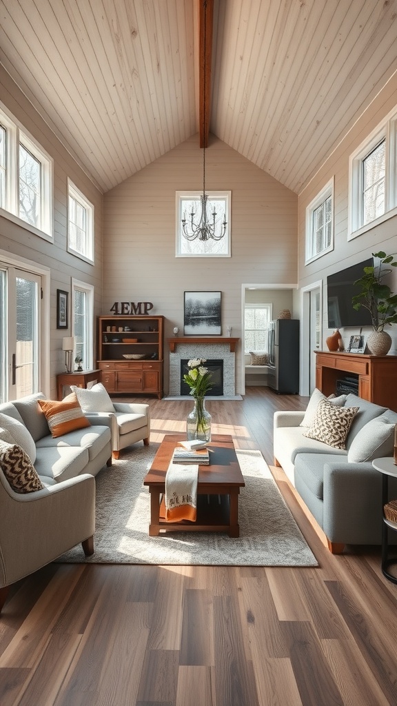 Open concept living area with high ceilings, large windows, and cozy seating.
