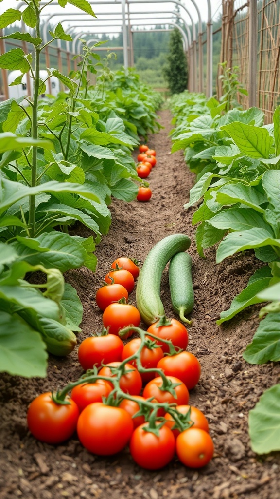 A garden row with ripe tomatoes and zucchinis growing in rich soil.