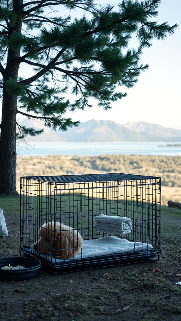 A dog resting in a crate outdoors with mountains in the background.