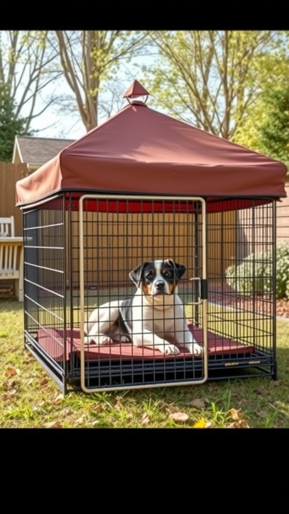 A large outdoor dog crate with a canopy, featuring a dog resting inside on a padded mat.