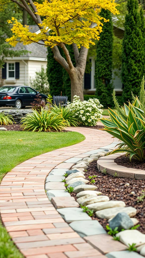 Curved brick pathway edged with stones, surrounded by plants and a yellow tree.