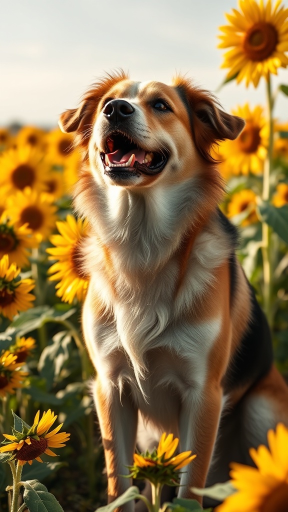 A happy dog sitting in a field of sunflowers, radiating joy and positivity.
