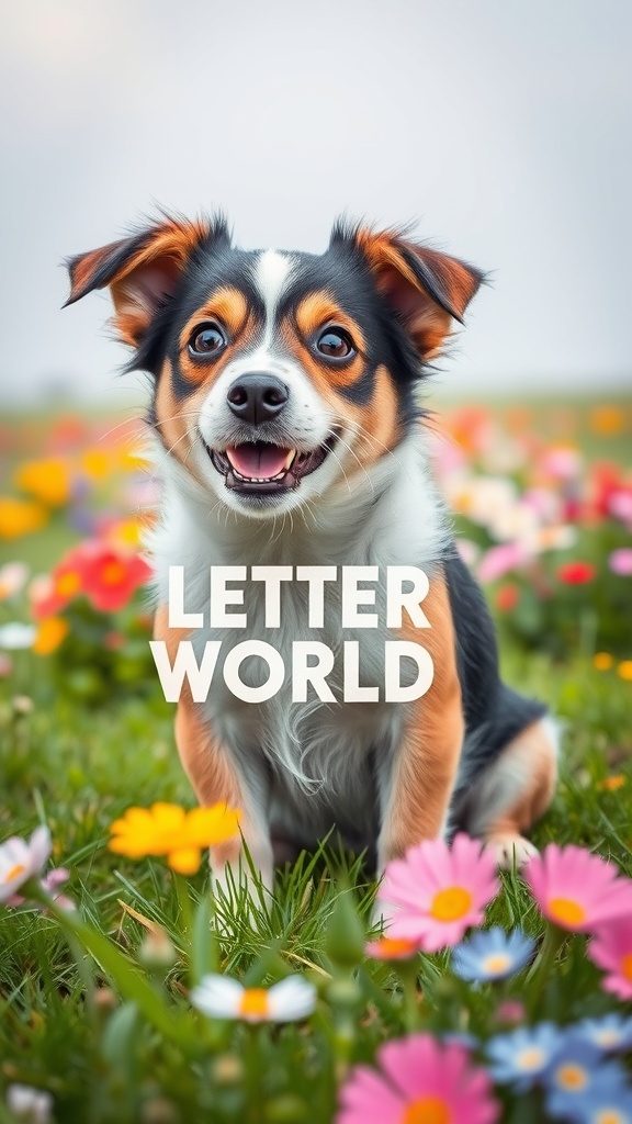 A happy dog sitting in a field of colorful flowers, smiling at the camera.