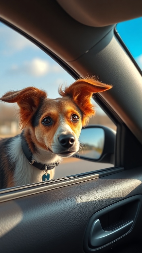 A dog looking out of a car window with its ears flapping in the wind.
