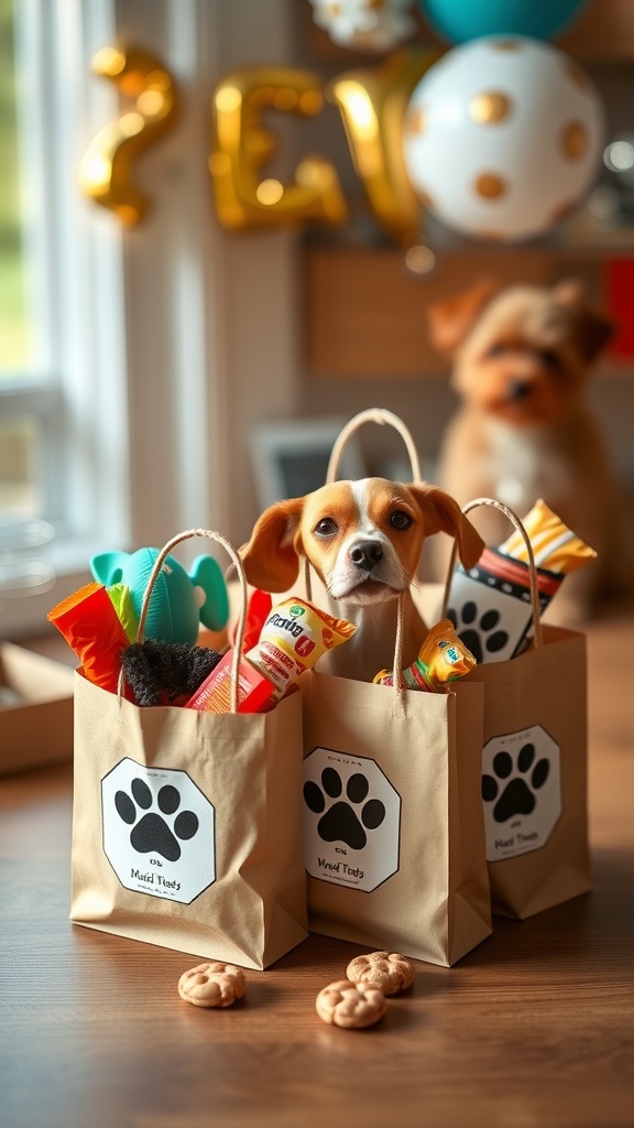 Two gift bags filled with dog toys and treats, with a dog in the background.