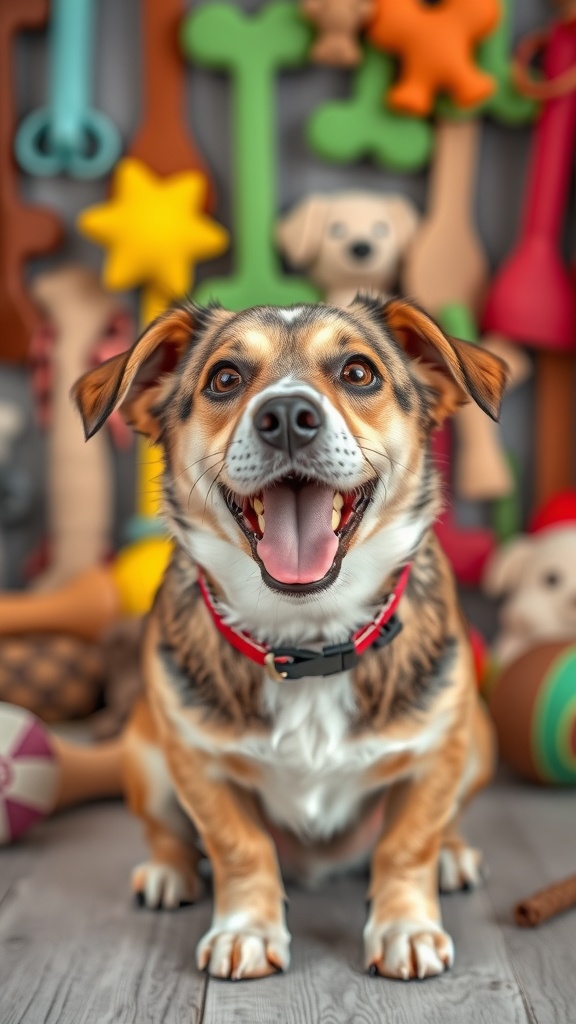 A happy dog sitting in front of colorful toys, smiling widely.