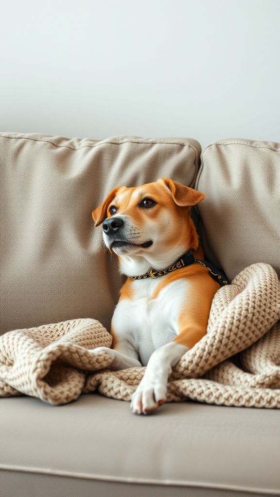 A dog lounging on a couch with a blanket