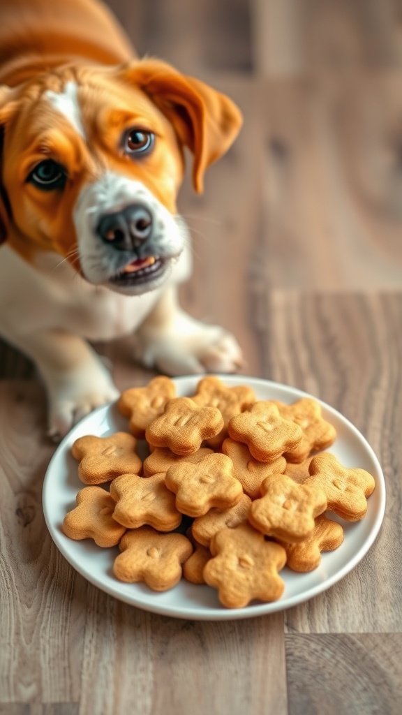 A dog looking at a plate of homemade peanut butter and banana biscuits.