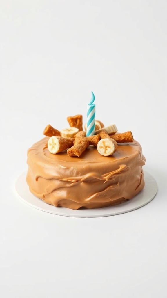 A dog birthday cake made with peanut butter and banana, topped with treats and a candle.