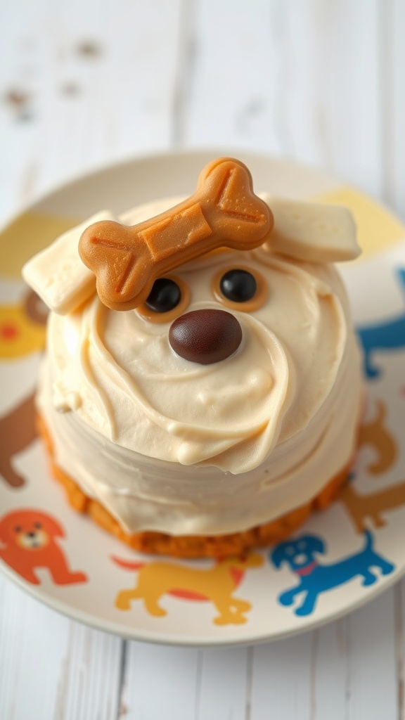 A cute dog cake decorated with a bone-shaped cookie and a playful design, perfect for a pet celebration.