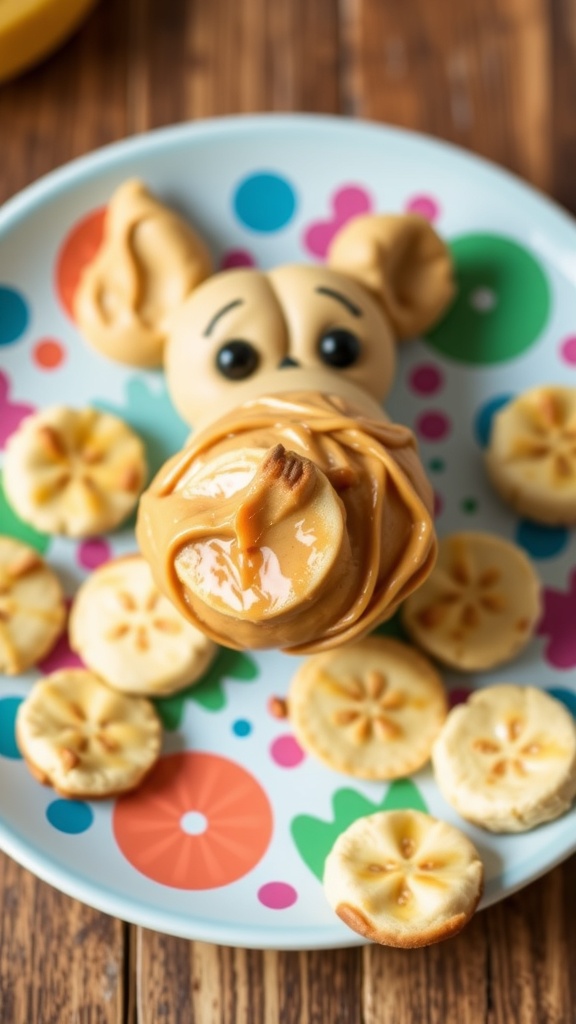 A dog enjoying peanut butter cookies with bananas in the background.