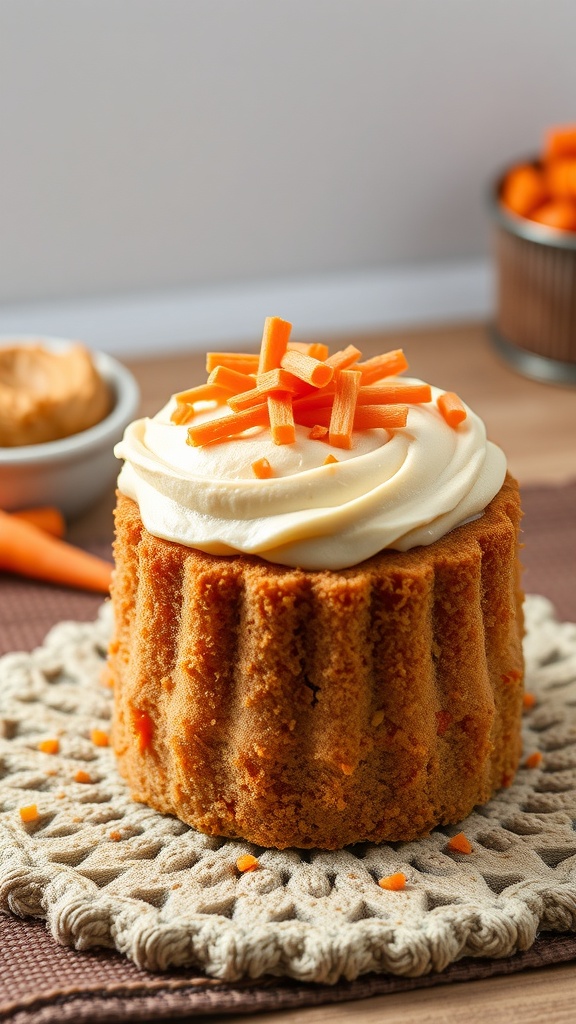 A peanut butter and carrot dog cake topped with frosting and carrot pieces, displayed on a textured mat with peanut butter and carrots in the background.