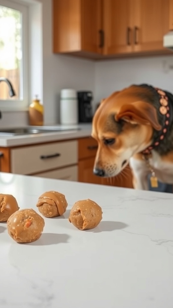 A curious dog looking at peanut butter and honey energy balls on a kitchen counter.