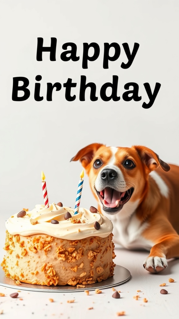 A happy dog next to a birthday cake with peanut butter and yogurt frosting, celebrating its birthday.
