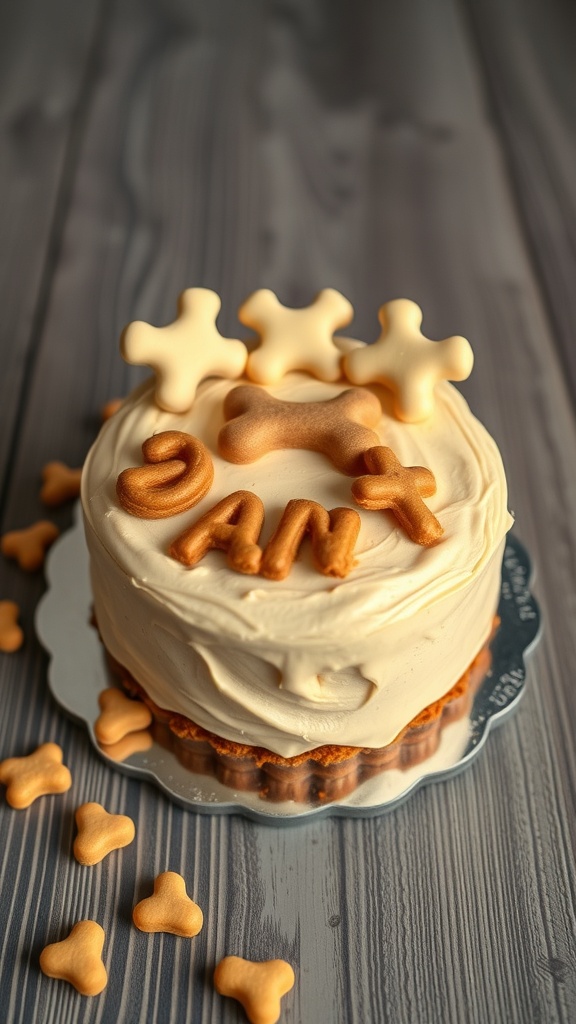 A delicious dog cake topped with peanut butter frosting and bone-shaped decorations.