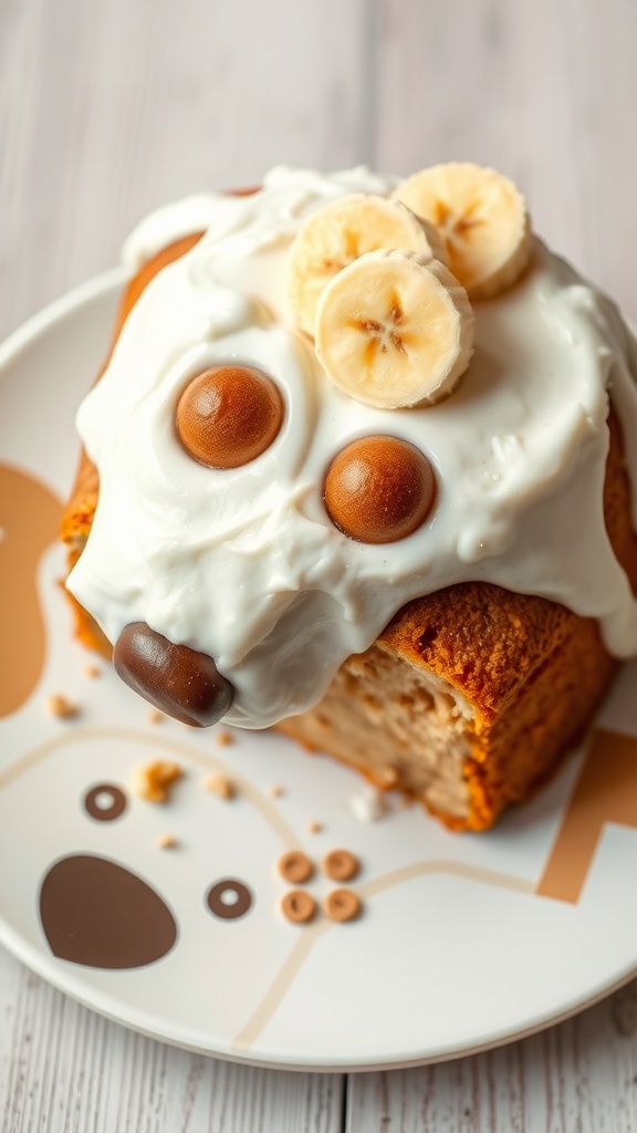 A peanut butter banana dog cake decorated with yogurt frosting and banana slices, shaped like a dog.