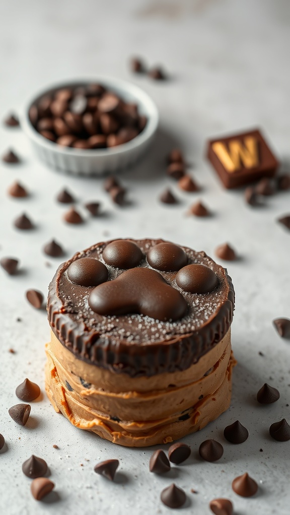 A delicious peanut butter carob cake decorated with a paw print design, surrounded by chocolate chips.
