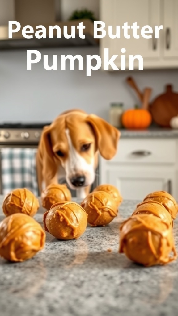 A curious dog looking at homemade Peanut Butter Pumpkin Balls on a kitchen counter.