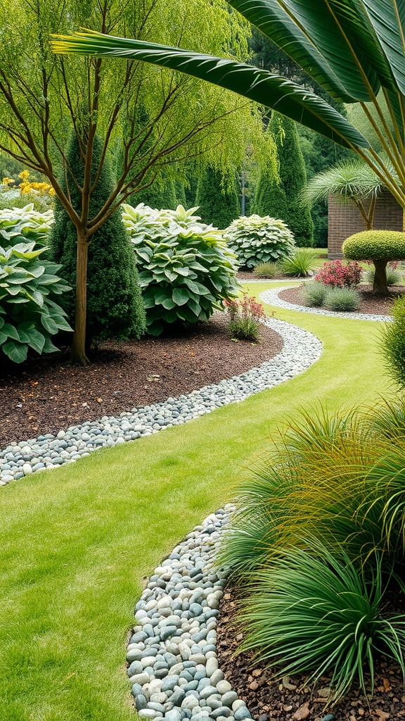 A garden path bordered with pebbles, surrounded by lush greenery and colorful plants.