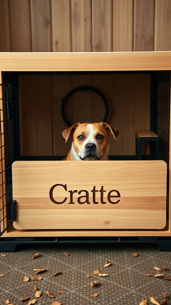 A personalized dog crate with the name 'Cratte' on it, featuring a dog inside.