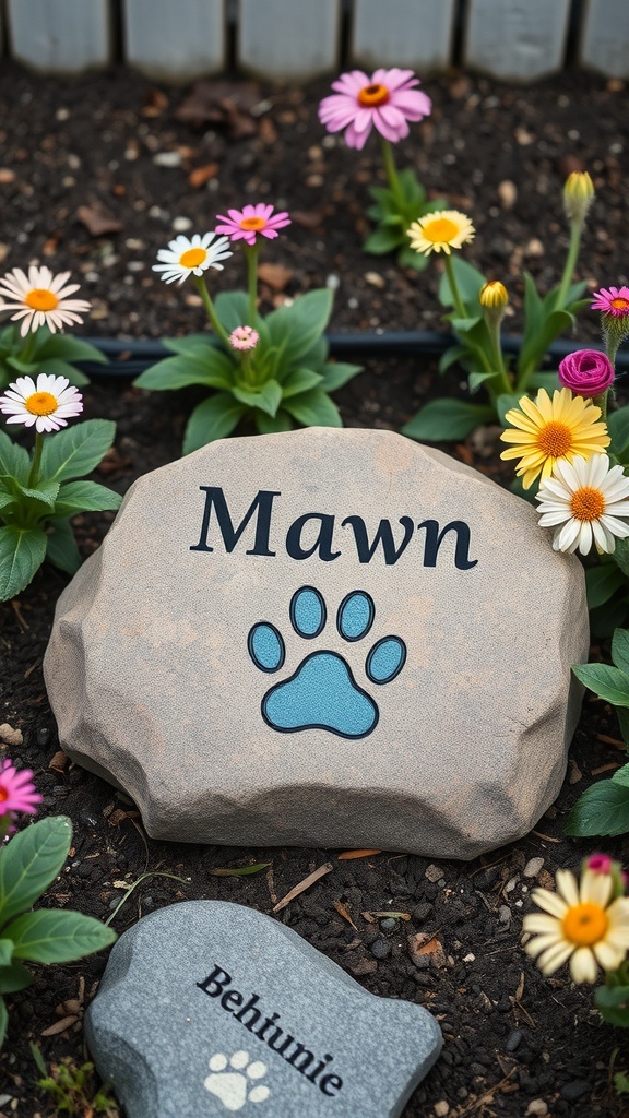 Personalized engraved stones in a garden with flowers, one stone reads 'Mawn' and another 'Behtunie'