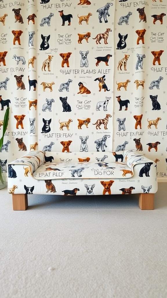Elevated dog bed with custom fabric featuring various dog breeds
