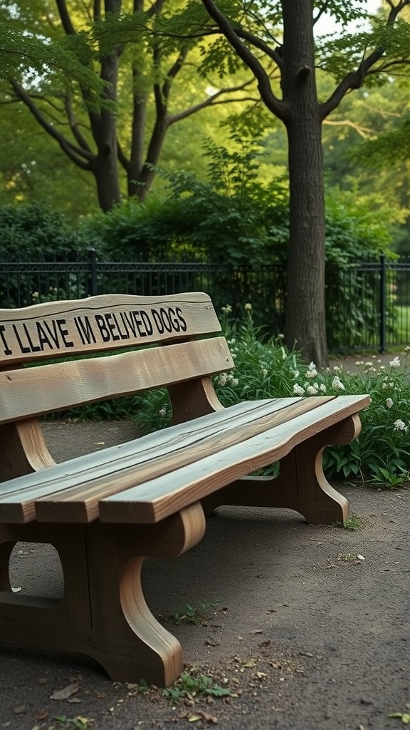 A wooden memorial bench in a park with an inscription honoring beloved dogs, surrounded by greenery.