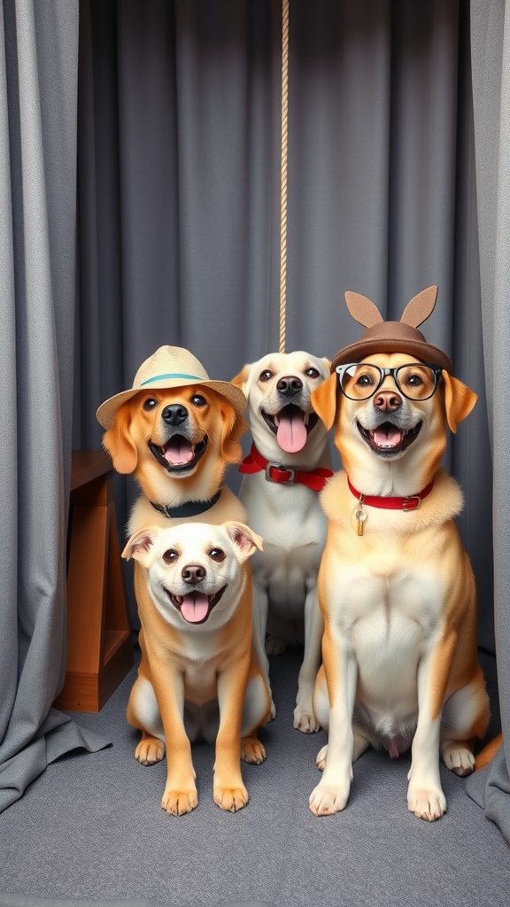 Four dogs in a photo booth wearing hats and glasses, smiling happily.