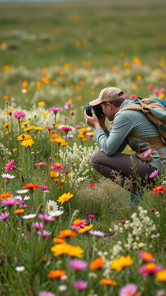 A photographer capturing wildflowers in a meadow