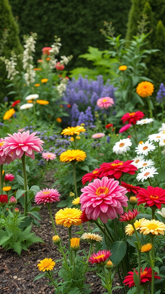 A colorful cut flower garden featuring various blooms including gerbera daisies, daisies, and vibrant foliage.