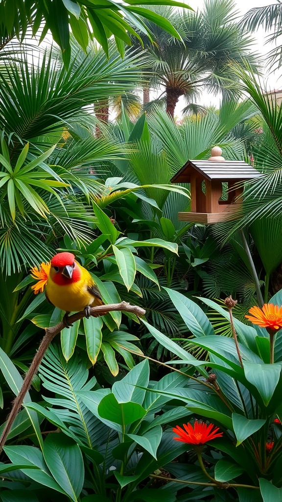 A colorful bird perched on a branch in a tropical garden filled with lush green plants and vibrant flowers.