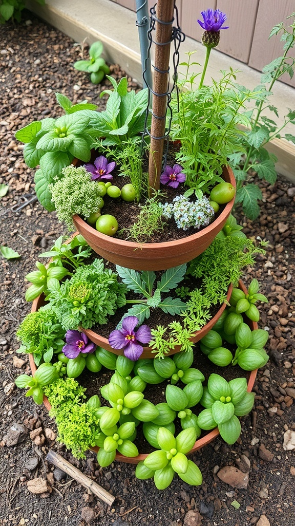 A tiered herb spiral made of terracotta pots filled with various herbs and flowers.