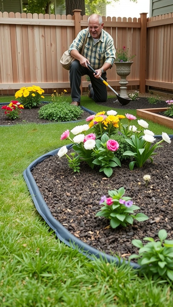 A man installing plastic edging in a colorful garden with flowers.