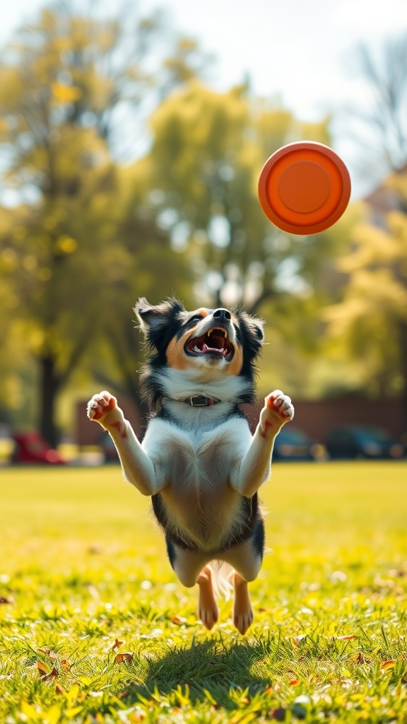 A dog jumping to catch a frisbee in a sunny park