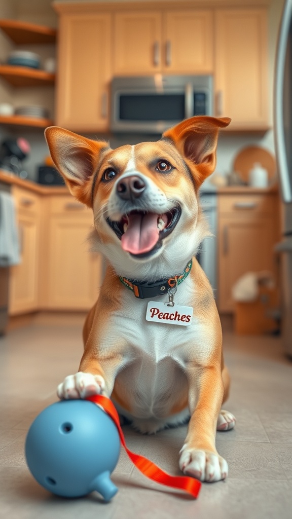 A happy dog named Peaches sitting in a kitchen with a blue toy.