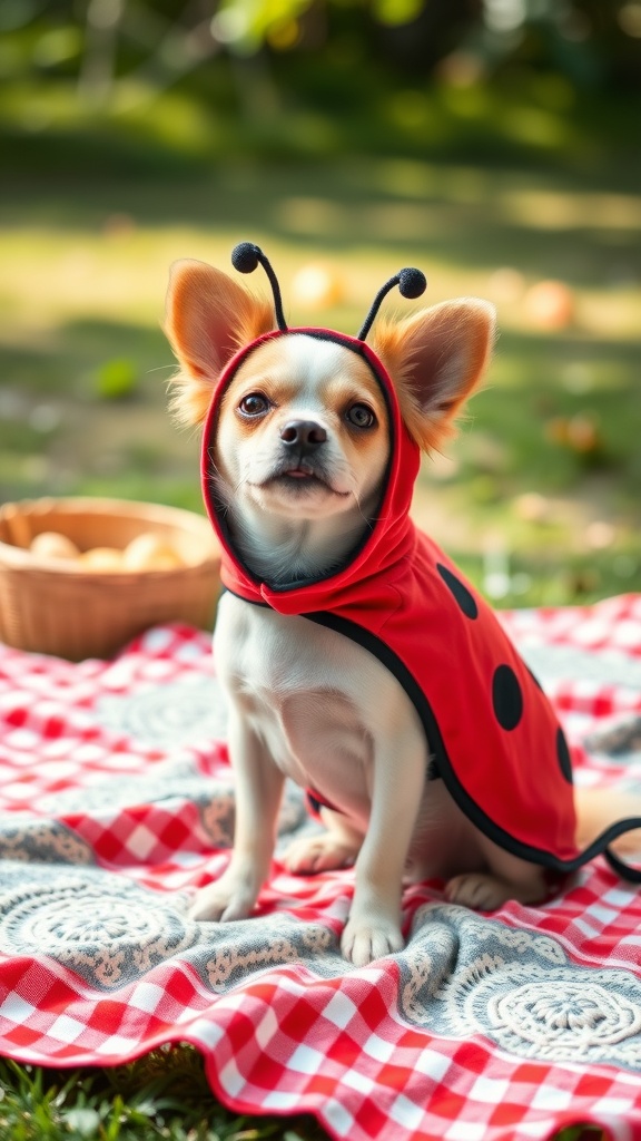 A small dog dressed in a ladybug costume with a red outfit and black spots, sitting on a picnic blanket.