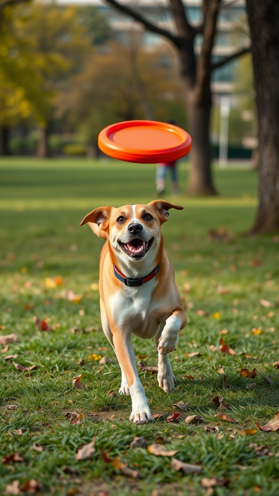 A playful dog running towards a frisbee in a park